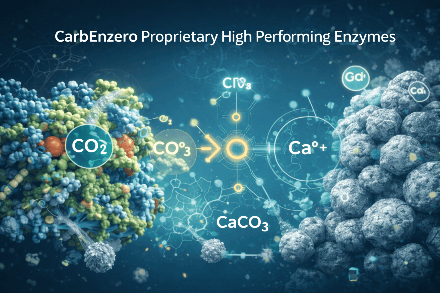 CarbEnzero proprietary high-performing enzymes converting CO₂ into CaCO₃ through enzyme-catalyzed mineralization