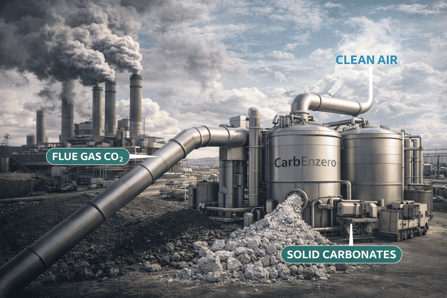 CarbEnzero Carbon Lock industrial unit converting flue gas CO₂ into solid carbonates